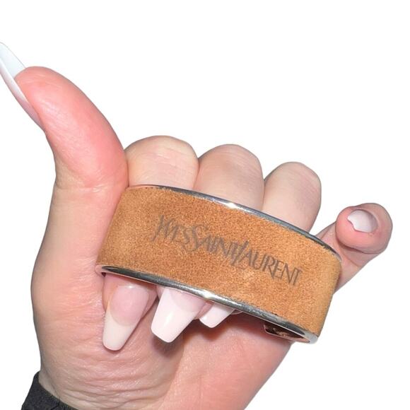 AUTH VTG Yves Saint Laurent YSL Sterling Silver Suede Leather Logo Cuff Bracelet - Picture 6 of 16
